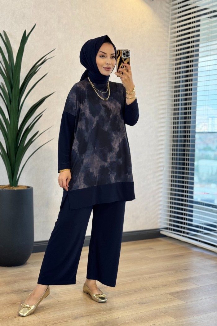 4004 Üst Batik Desenli Bluz Takım Lacivert 