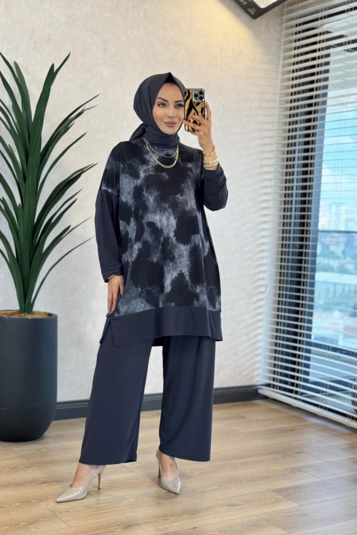 4004 Üst Batik Desenli Bluz Takım Antrasit