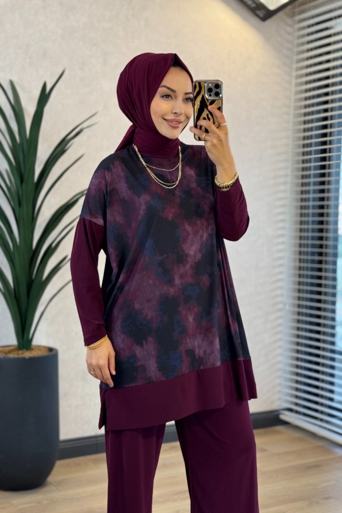 4004 Üst Batik Desenli Bluz Takım Mürdüm 