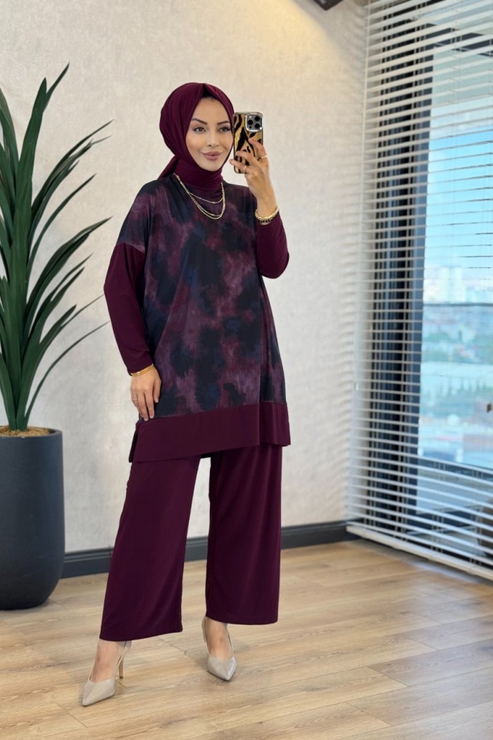 4004 Üst Batik Desenli Bluz Takım Mürdüm 