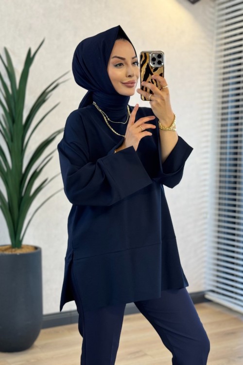3453 Dikiş Ve Yırtmaç Detaylı Sweatshirt Lacivert  