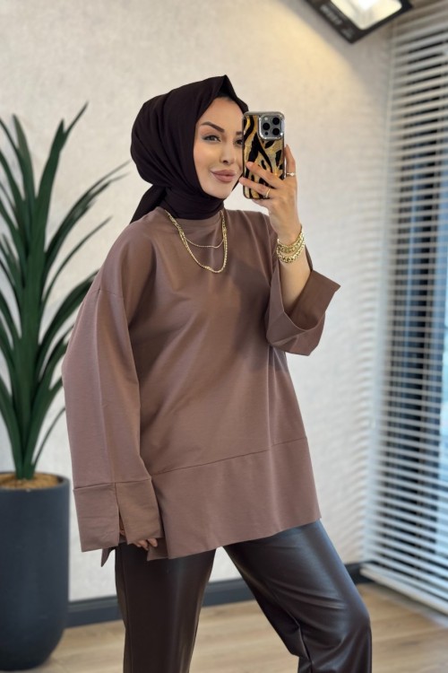 3453 Dikiş Ve Yırtmaç Detaylı Sweatshirt Toprak 