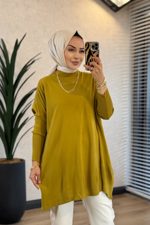 3399 Yarasa Triko Tunik Yağ Yeşili 