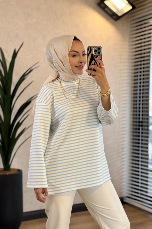 9000 Çizgili Osyho Sweatshirt Mavi 
