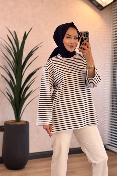 9000 Çizgili Osyho Sweatshirt Lacivert 