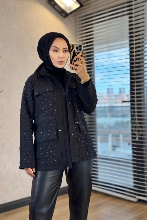 27QW6001 Kapitone Üstü Taşlı Kap Siyah 