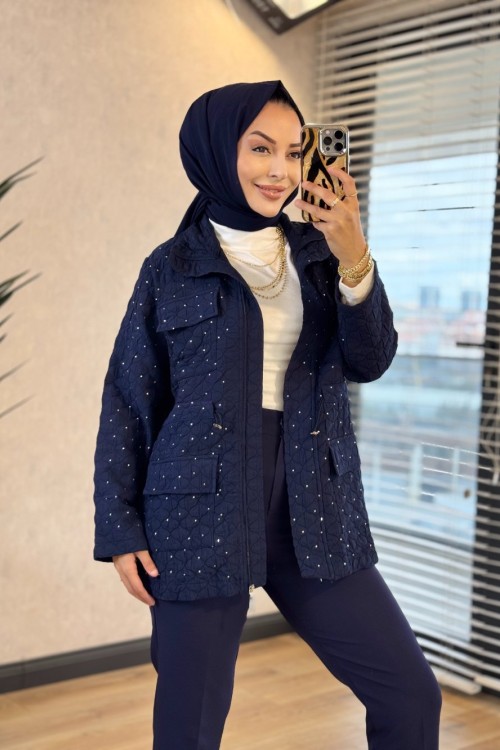 27QW6001 Kapitone Üstü Taşlı Kap Lacivert 