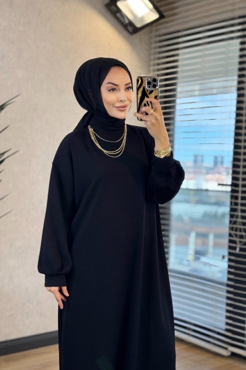 1506 Kolu Manşetli Osyho Elbise Siyah 