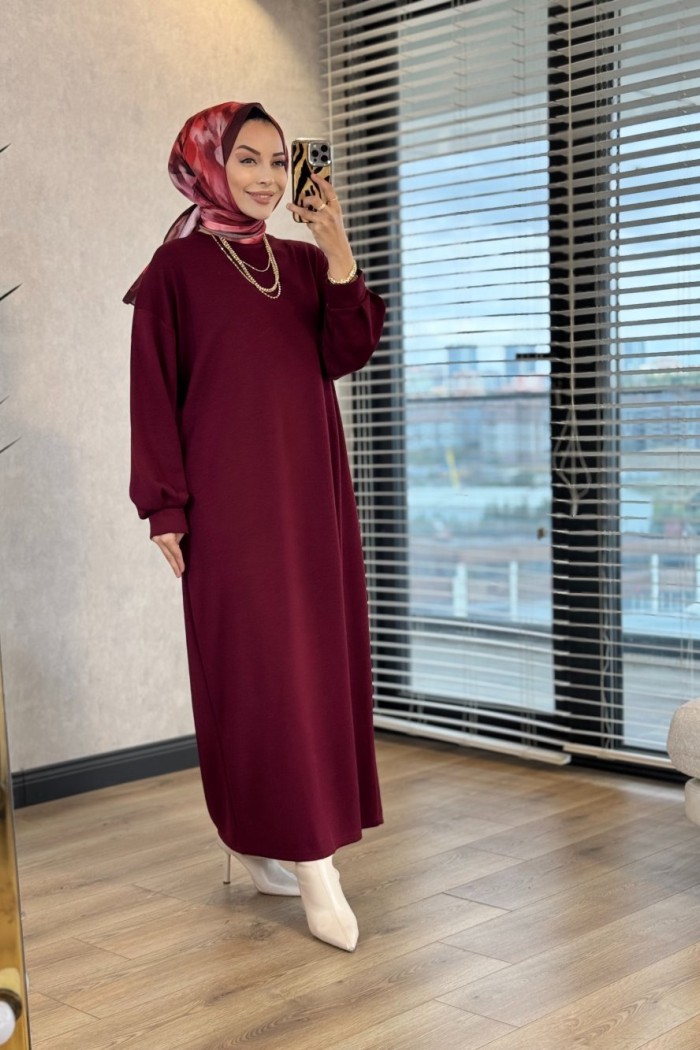 1506 Kolu Manşetli Osyho Elbise Bordo 