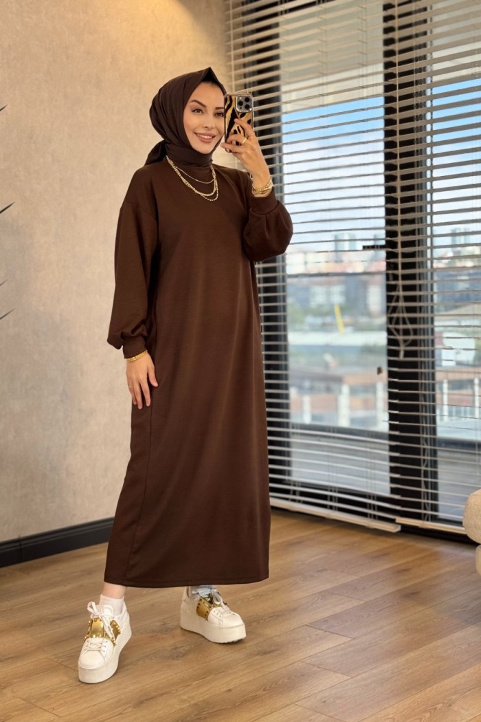 1506 Kolu Manşetli Osyho Elbise Kahve