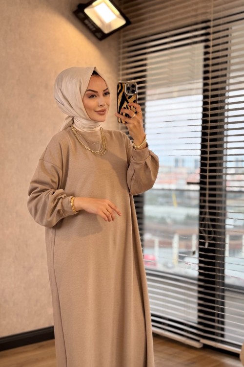 1506 Kolu Manşetli Osyho Elbise Bej 
