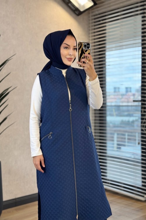 26452 Petek Desen Kapitone Yelek Lacivert 