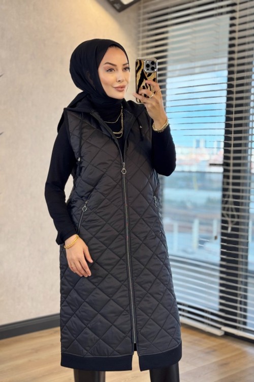 26407 Kapitone Kapşonlu Yelek Siyah 