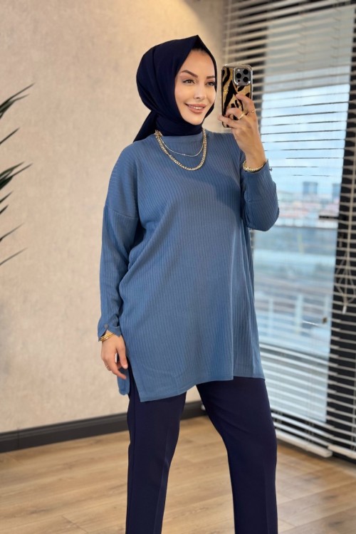 7015 Fitilli Vanezia Triko Tunik İndigo 