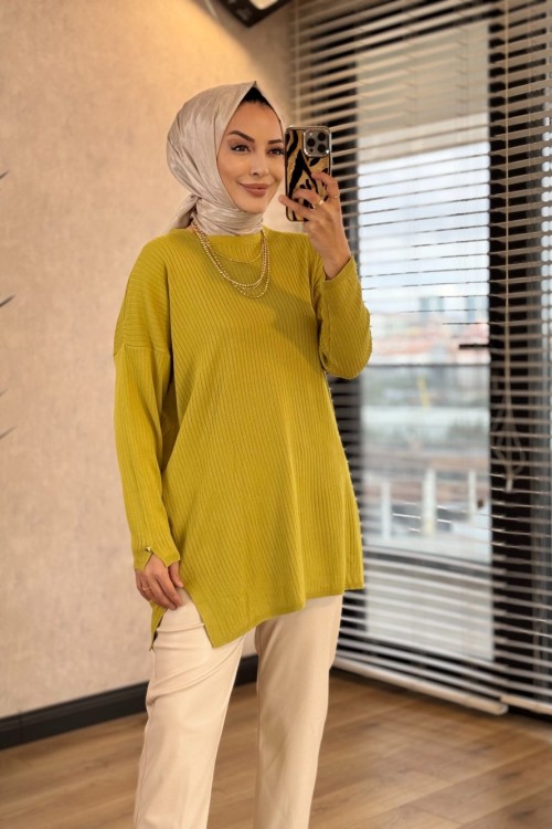 7015 Fitilli Vanezia Triko Tunik Yağ Yeşili 