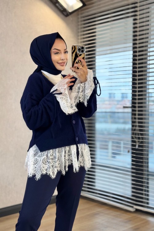 5402 Kolları Büzgülü Dantel Detaylı Hırka Lacivert