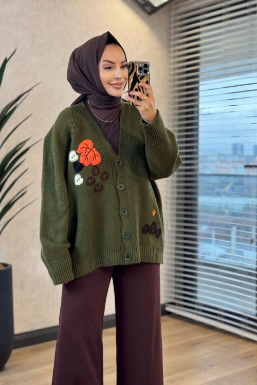 2656 Önü Nakışlı Triko Hırka Haki 
