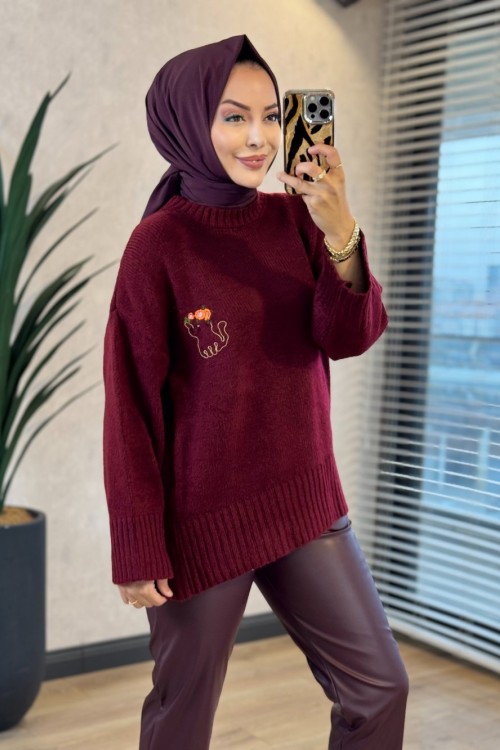 2636 Kedi Nakışlı Triko Kazak Bordo 