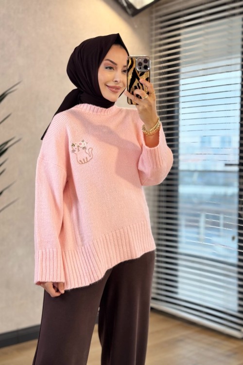 2636 Kedi Nakışlı Triko Kazak Pembe