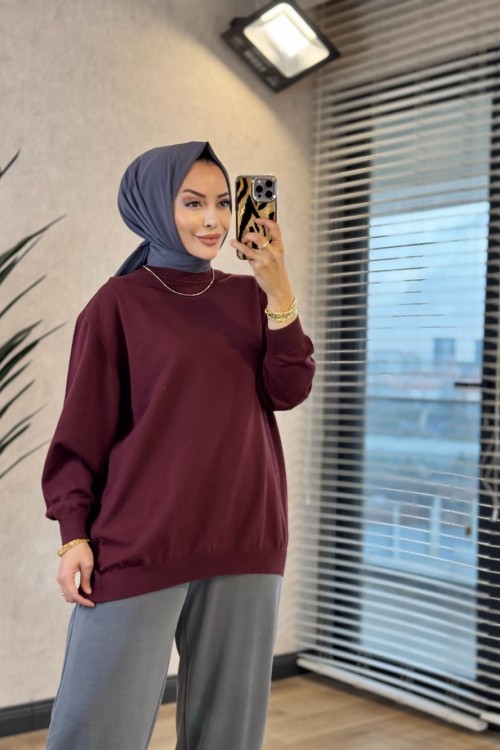 140470 Sıfır Yaka Triko Tunik Mürdüm 