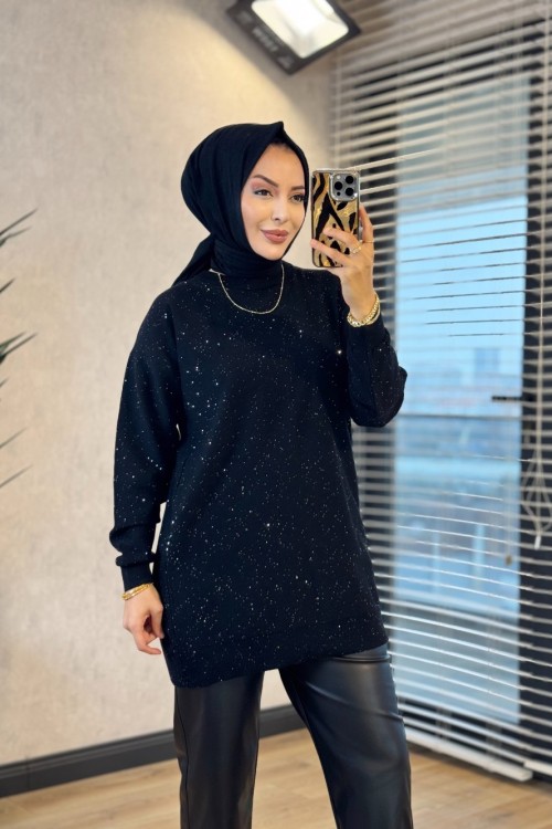 145117 Pul Detaylı Triko Tunik Siyah 