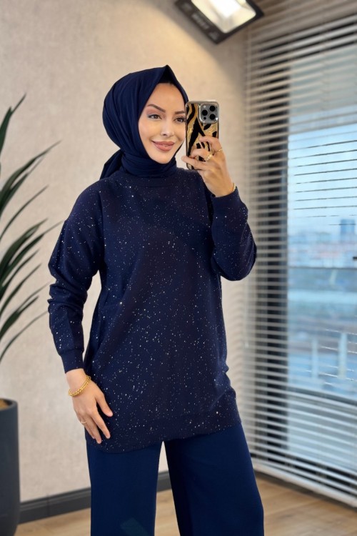145117 Pul Detaylı Triko Tunik Lacivert 