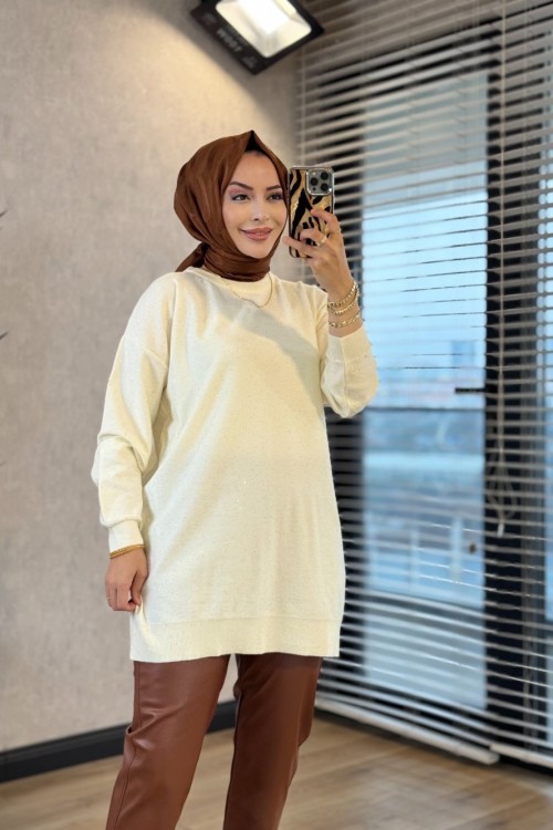 145117 Pul Detaylı Triko Tunik Ekru 