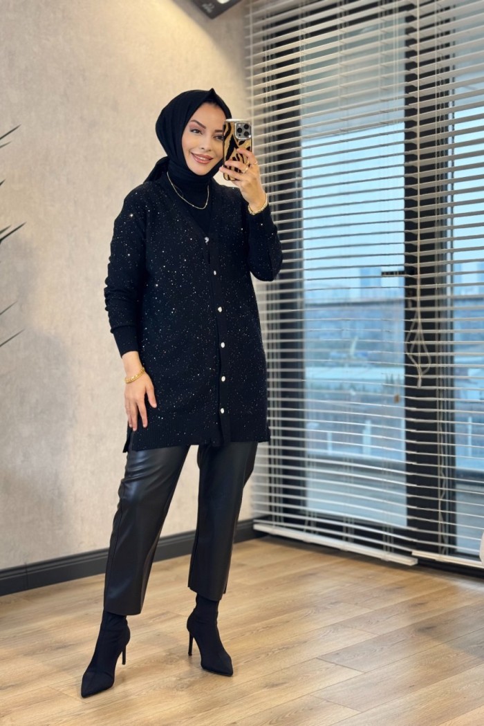 140464 Pullu Korsman Hırka Siyah