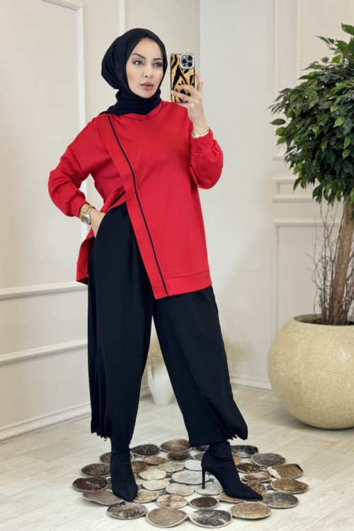 24455 Önü Verev Dikiş Ve Biyeli Sweat Kırmızı