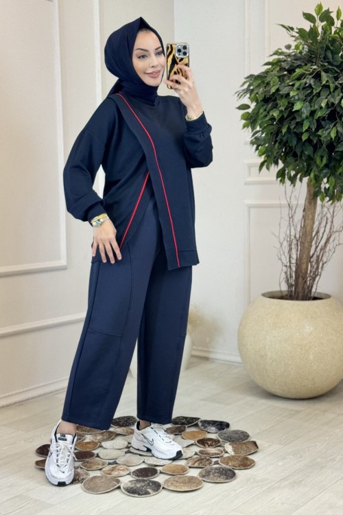 24455 Önü Verev Dikiş Ve Biyeli Sweat Lacivert 