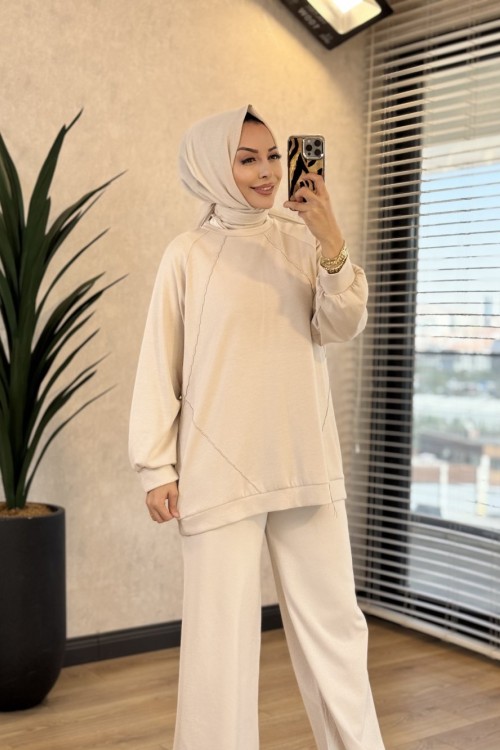 24448 Önü Parça Ve Dikişli Tunik Bej 