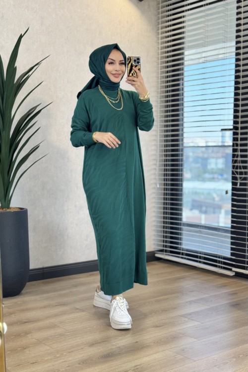 7029 Sol Taraf Zebra Desen Triko Elbise Zümrüt 