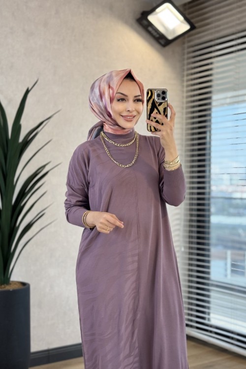7029 Sol Taraf Zebra Desen Triko Elbise Gül 