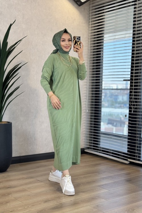 7029 Sol Taraf Zebra Desen Triko Elbise Çağla 