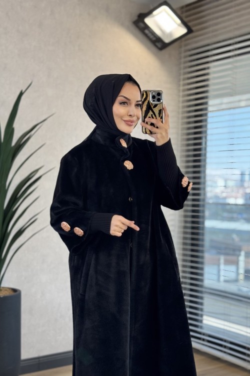 7958 Manşeti Triko Angora Uzun Kaban Siyah 