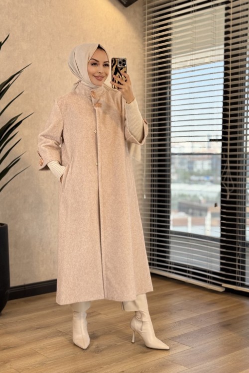 7958 Manşeti Triko Angora Uzun Kaban Bej 