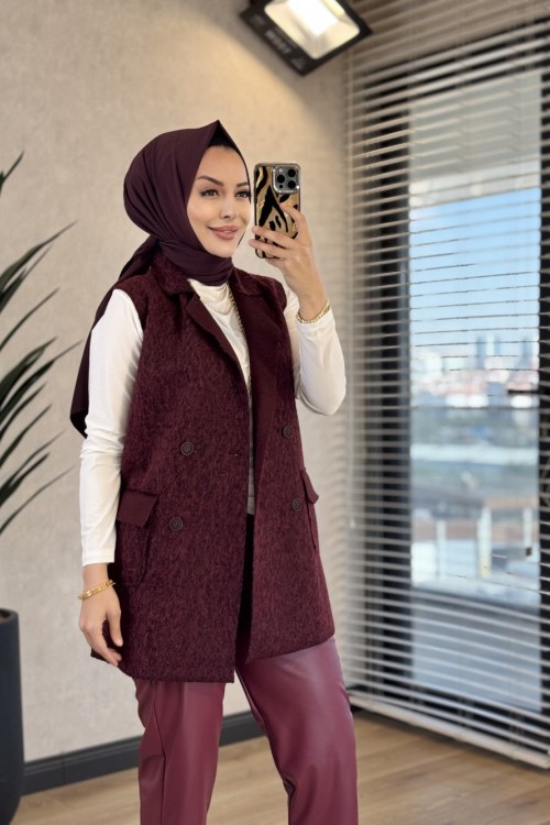7889 Bukle Dört Düğmeli Yelek Bordo 