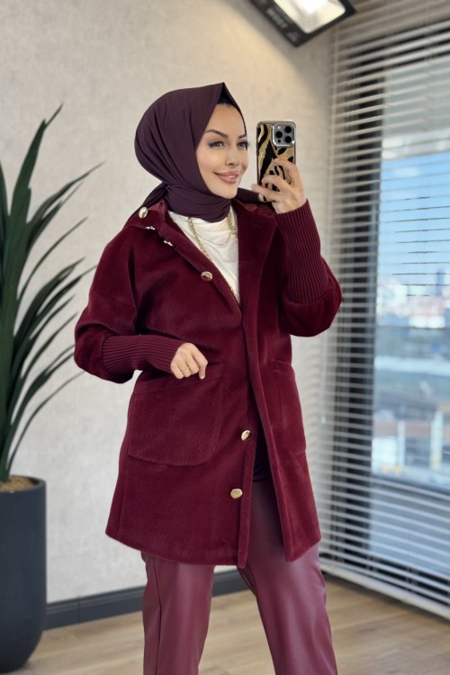7890 Kapşonlu Kürk Kısa Kaban Bordo 