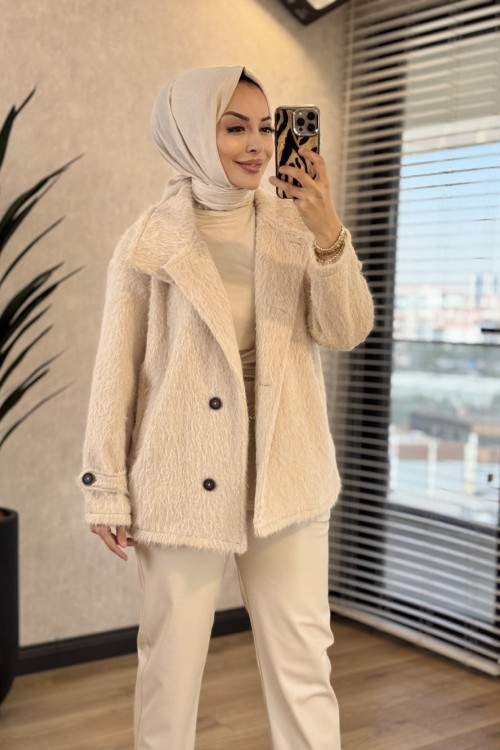 70179 Buklet Önü Düğmeli Kısa Kaban Bej 