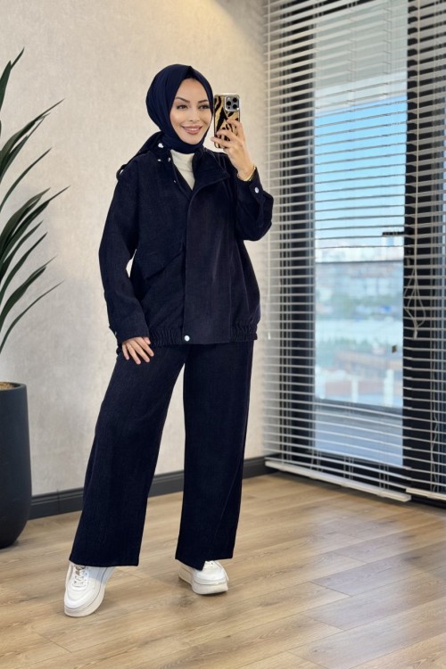75012 Kadife Önü Kapak Parça Detaylı Takım Lacivert 