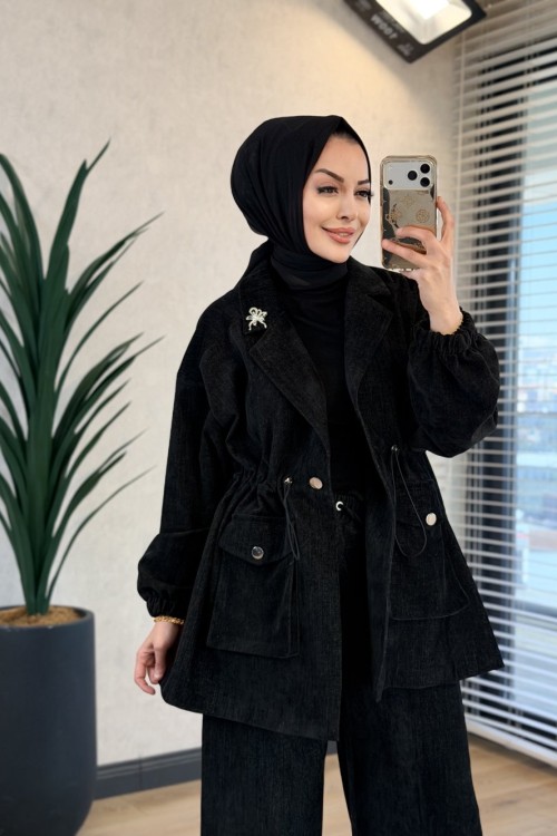 75007 Kadife Önden Cepli Beli Büzgülü Takım Siyah 