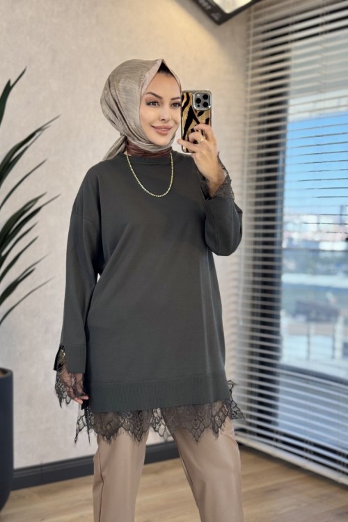 6137 Etek Ve Kol Ucu Dantelli Triko Tunik Haki 