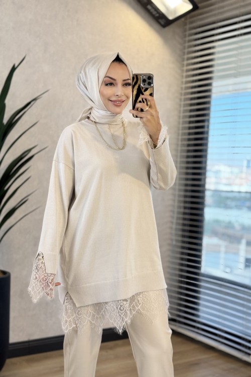 6137 Etek Ve Kol Ucu Dantelli Triko Tunik Bej 