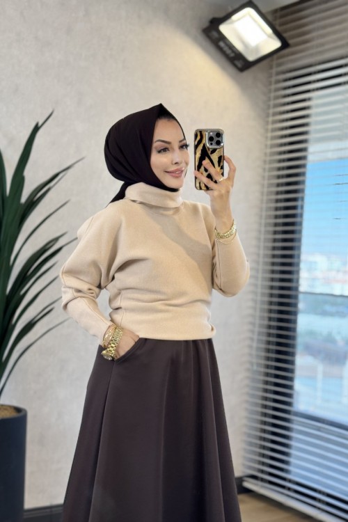 6133 Balıkçı Yaka Triko Tunik Bej 