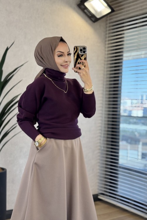 6133 Balıkçı Yaka Triko Tunik Mürdüm 