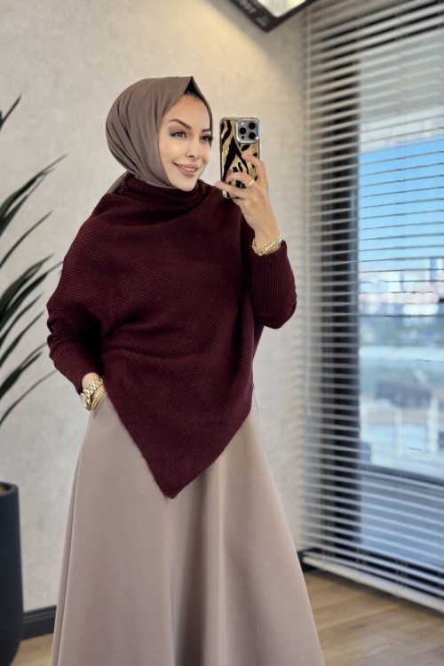 6107 Verev Kesim Triko Tunik Bordo 