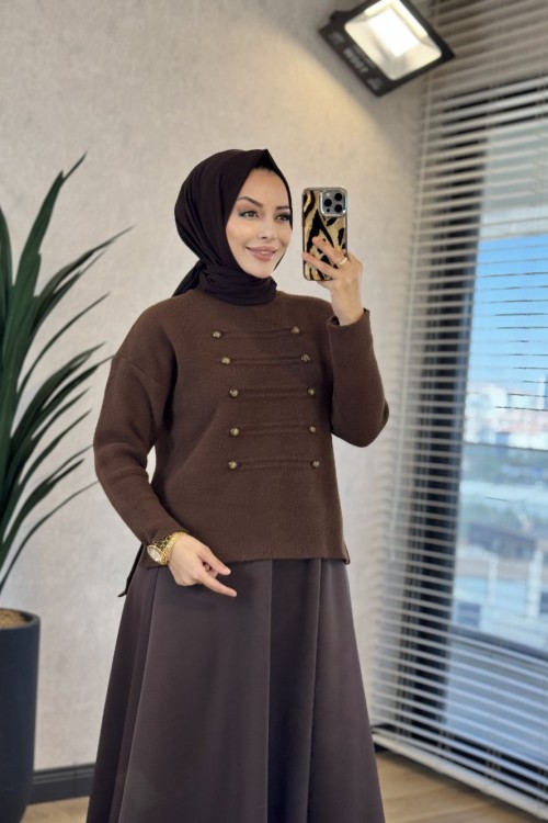 6144 Önü Düğme Ve Dikişli Triko Tunik Kahve
