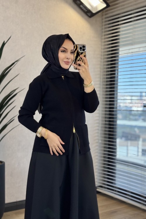 6131 Önü Cepli Ve Fermuarlı Hırka Siyah 