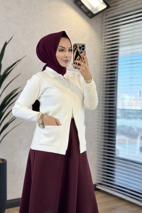 6131 Önü Cepli Ve Fermuarlı Hırka Ekru 