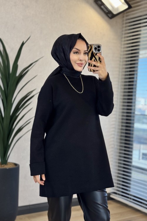 5046 Simli Kolu Katlamalı Triko Tunik Siyah 